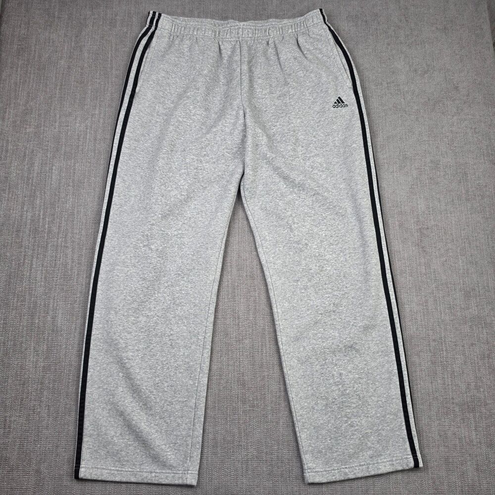 Adidas Mens 2XL Sweatpants Grey Black 3 Stripe Fleece Open Hem Drawstring Lounge